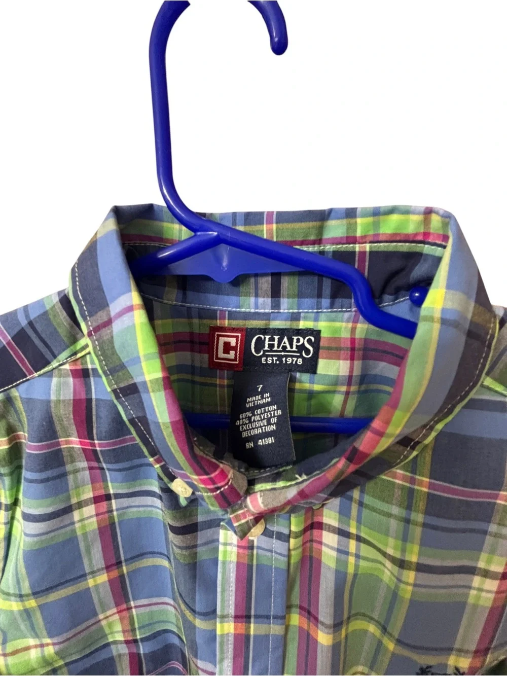 Chaps Boys Size 7 Plaid Button Down Shirt Blue Green Preppy EUC